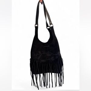Genuine Leather Suede Fringe Floral Embroidery Shoulder Bag / Bucket Bag